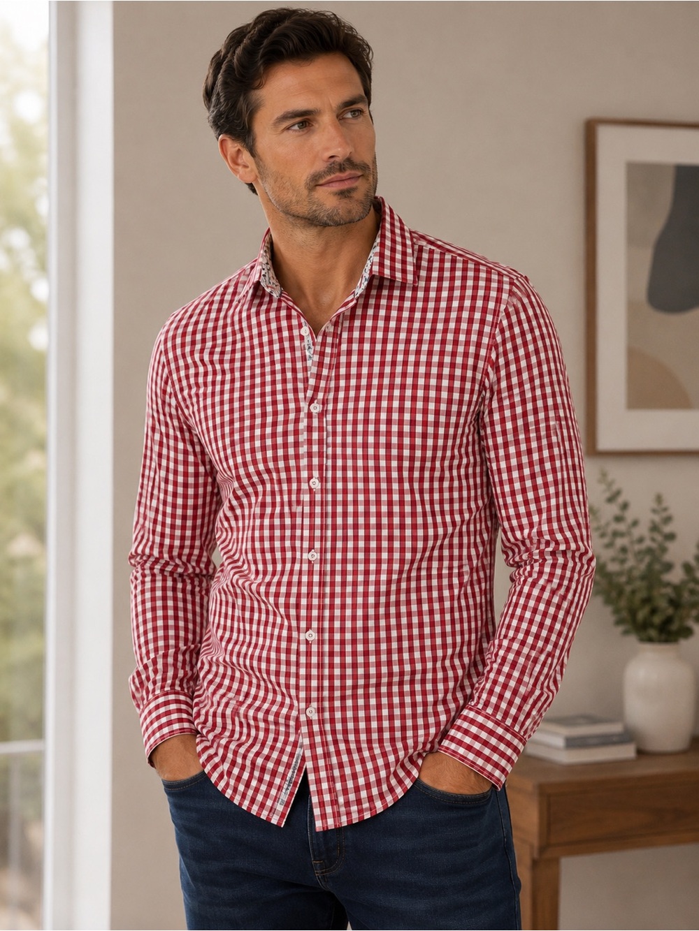 Bugatchi Shaped Fit Men’s Medium Red Gingham Button Down Shirt Flamingo Trim